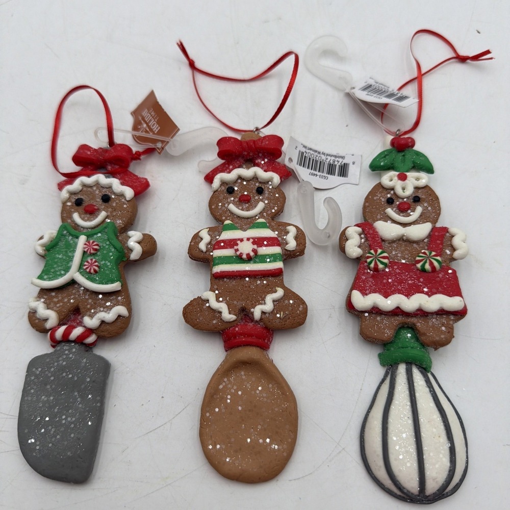 Set 3 Gingerbread Ornaments Cooking Utensils Spoon Whisk Baking Cookies Kids